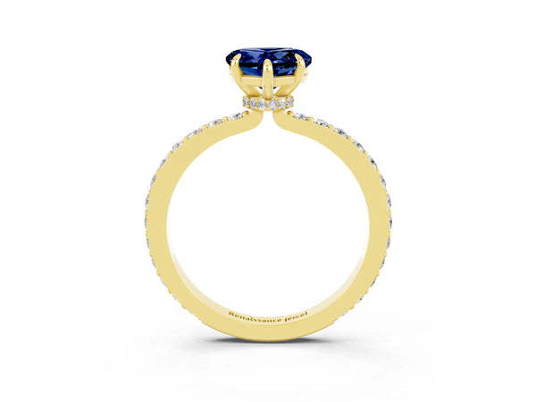 Yellow gold Heart Cut Blue Sapphire Solitaire Engagement Ring with Pavé Band and Four-Prong Setting