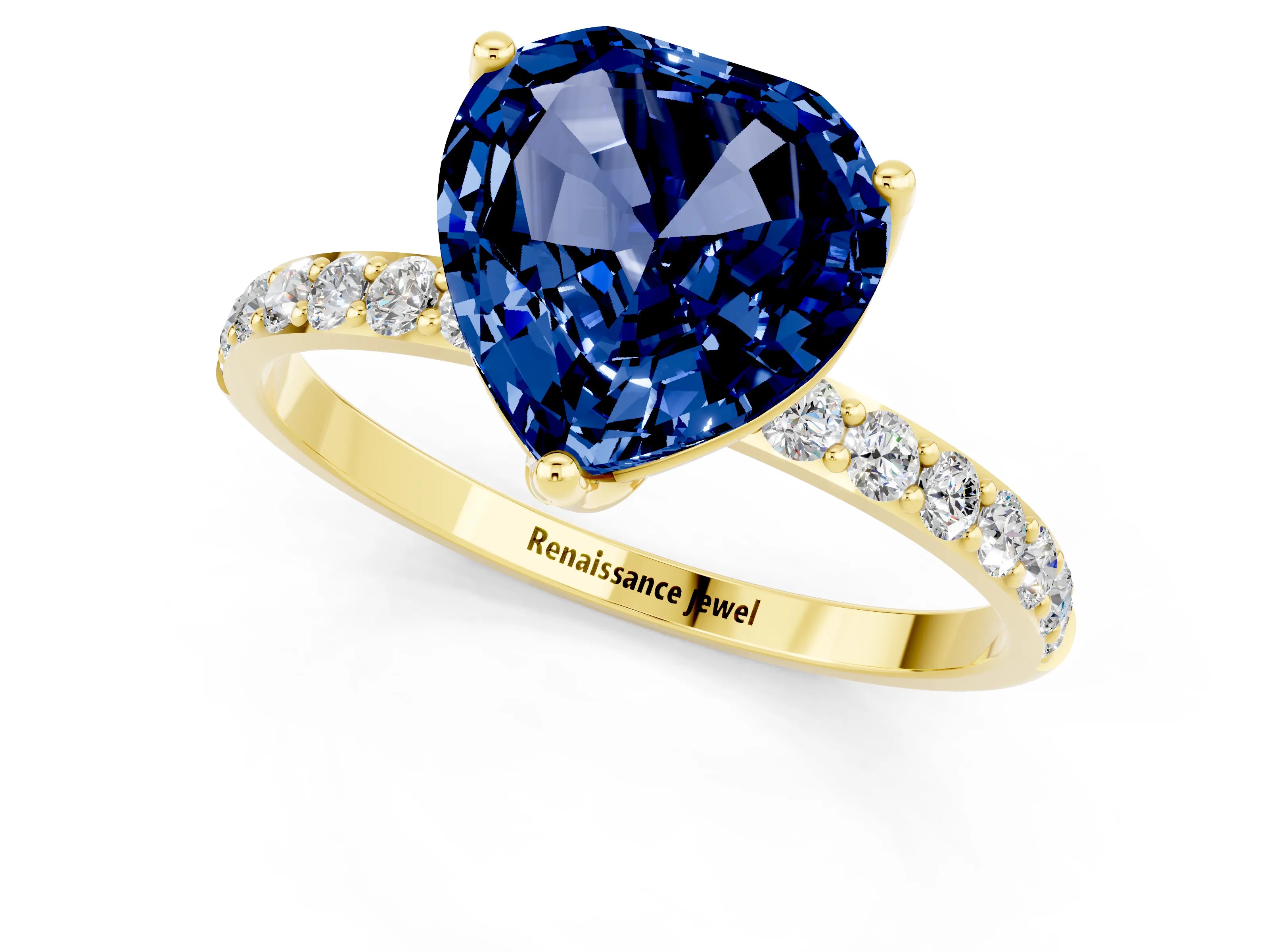 Yellow gold Heart Cut Blue Sapphire Solitaire Engagement Ring with Pavé Band and Prong Setting_1