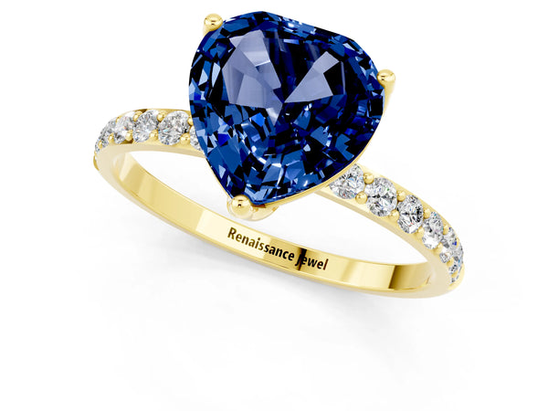 Yellow gold Heart Cut Blue Sapphire Solitaire Engagement Ring with Round  Pavé Band and Prong Setting