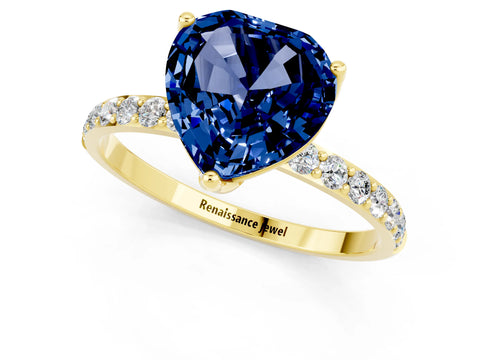Yellow gold Heart Cut Blue Sapphire Solitaire Engagement Ring with Pavé Band and Prong Setting_1