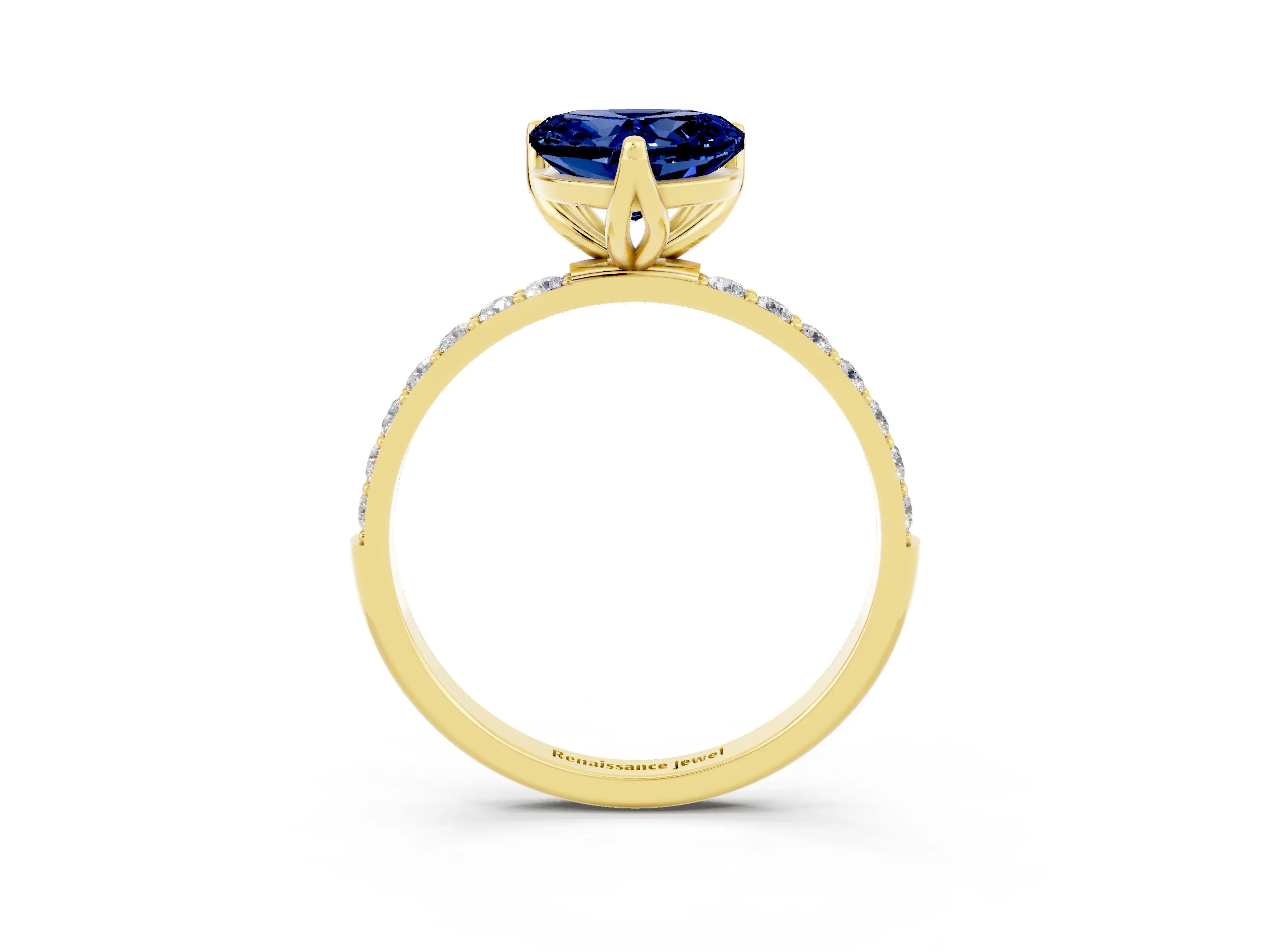 Yellow gold Heart Cut Blue Sapphire Solitaire Engagement Ring with Pavé Band and Prong Setting_3