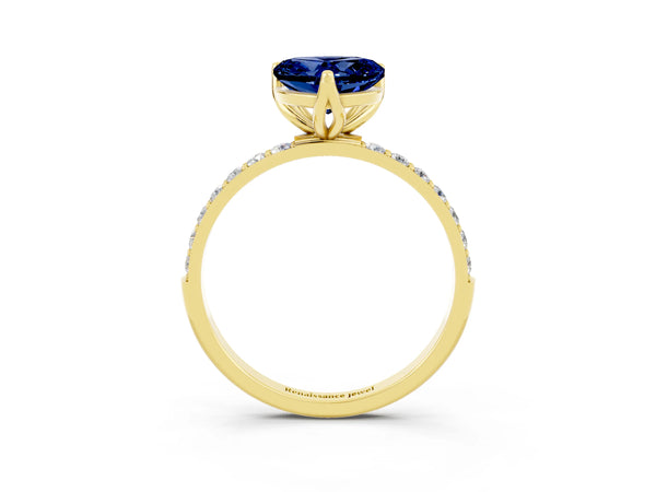 Yellow gold Heart Cut Blue Sapphire Solitaire Engagement Ring with Round  Pavé Band and Prong Setting