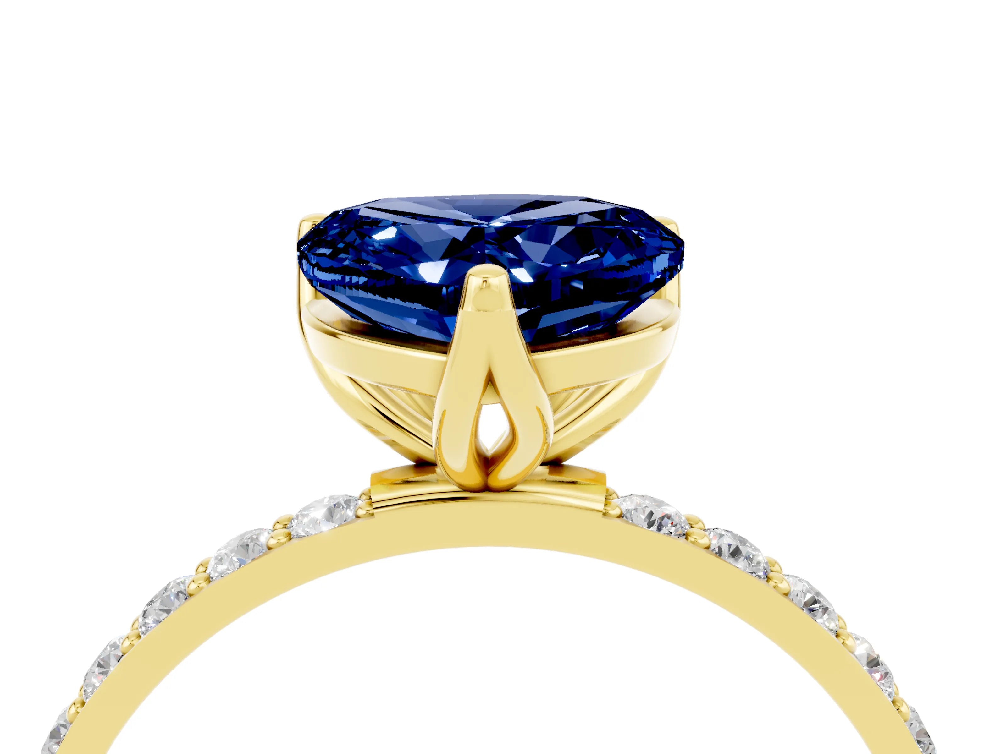 Yellow gold Heart Cut Blue Sapphire Solitaire Engagement Ring with Pavé Band and Prong Setting_4