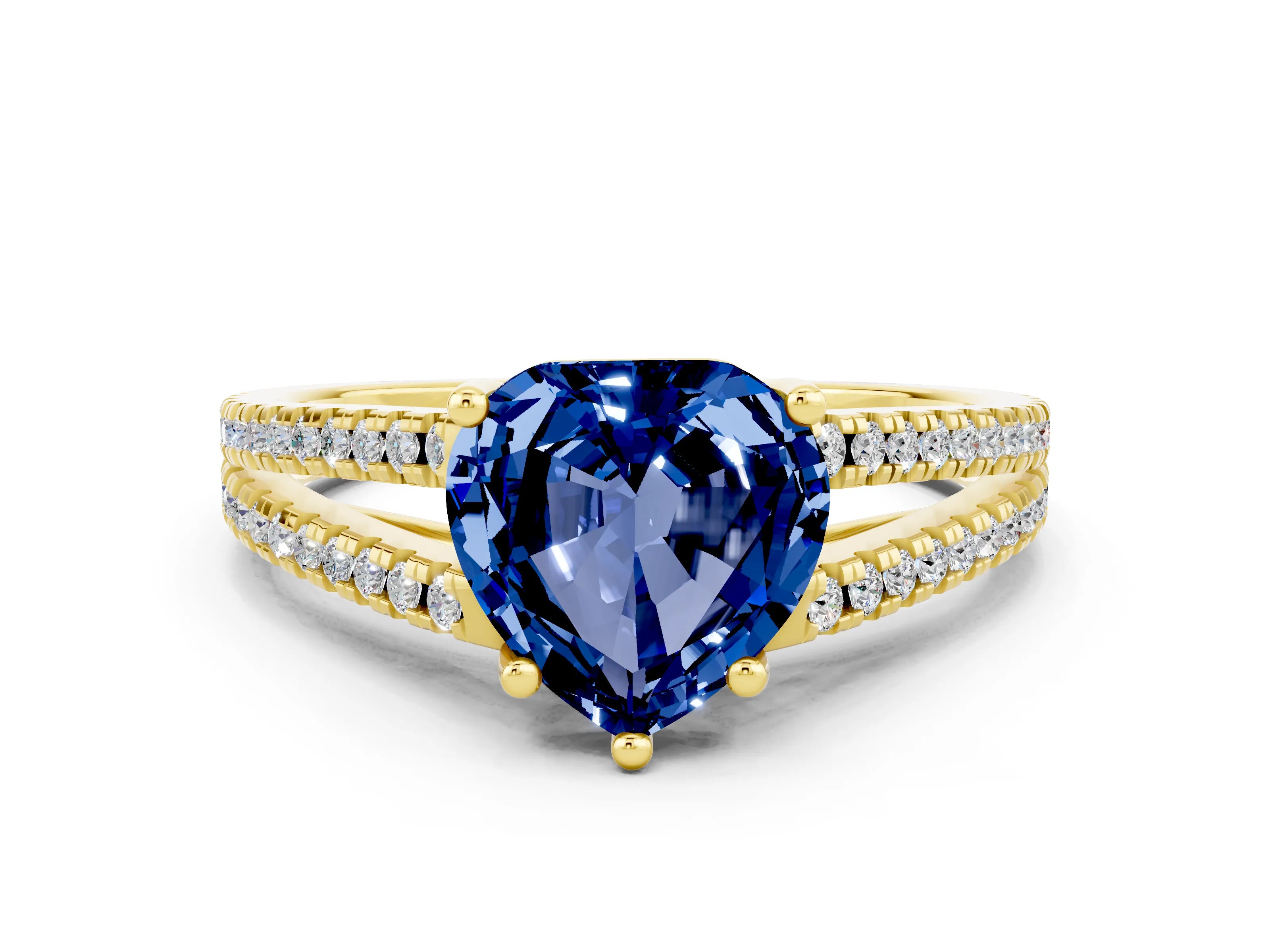 Yellow gold Heart Cut Blue Sapphire Solitaire Engagement Ring with Split Shank Pavé Band