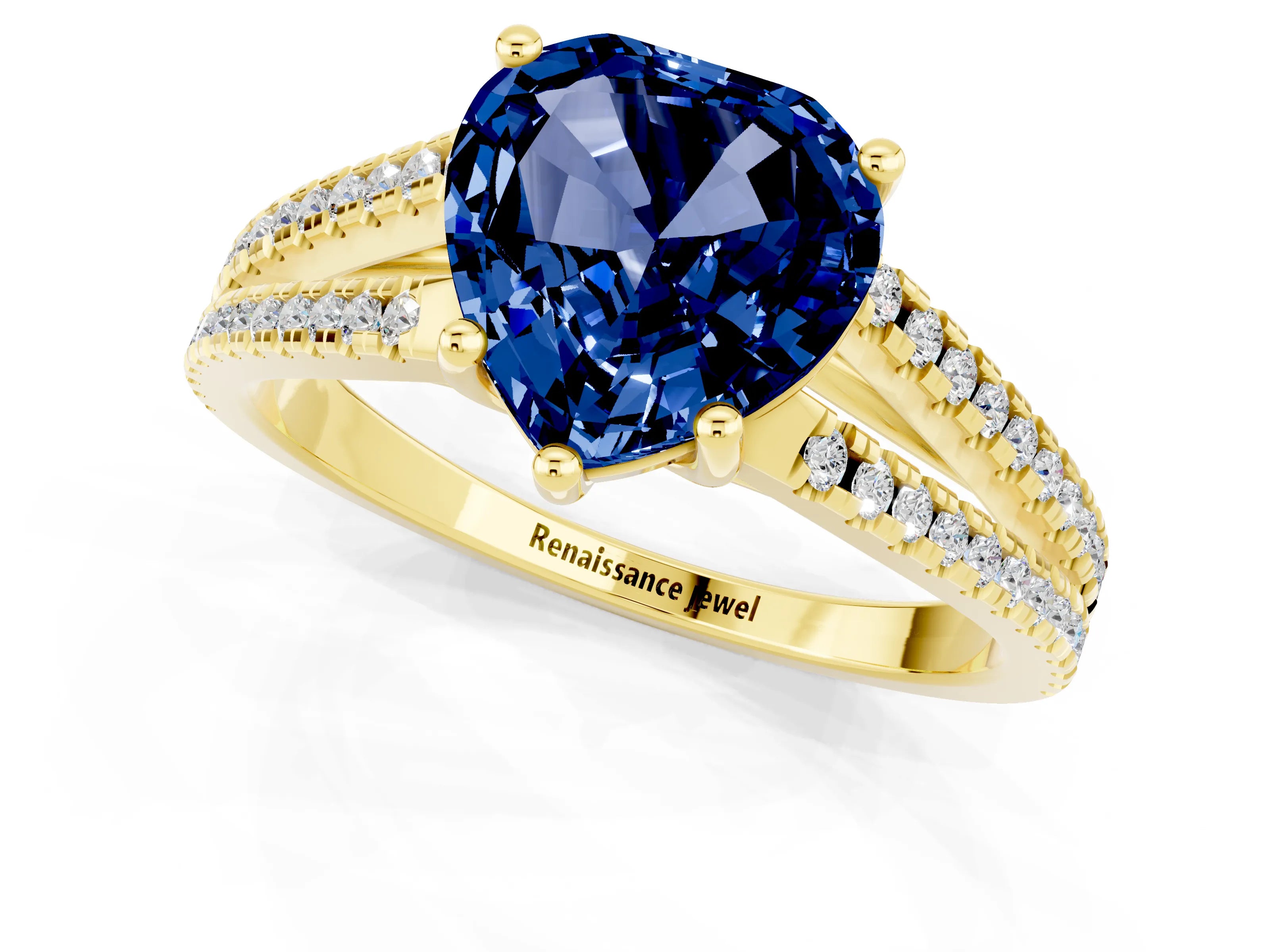 Yellow gold Heart Cut Blue Sapphire Solitaire Engagement Ring with Split Shank Pavé Band_1