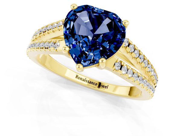 Yellow gold Heart Cut Blue Sapphire Solitaire Engagement Ring with Split Shank Pavé Band