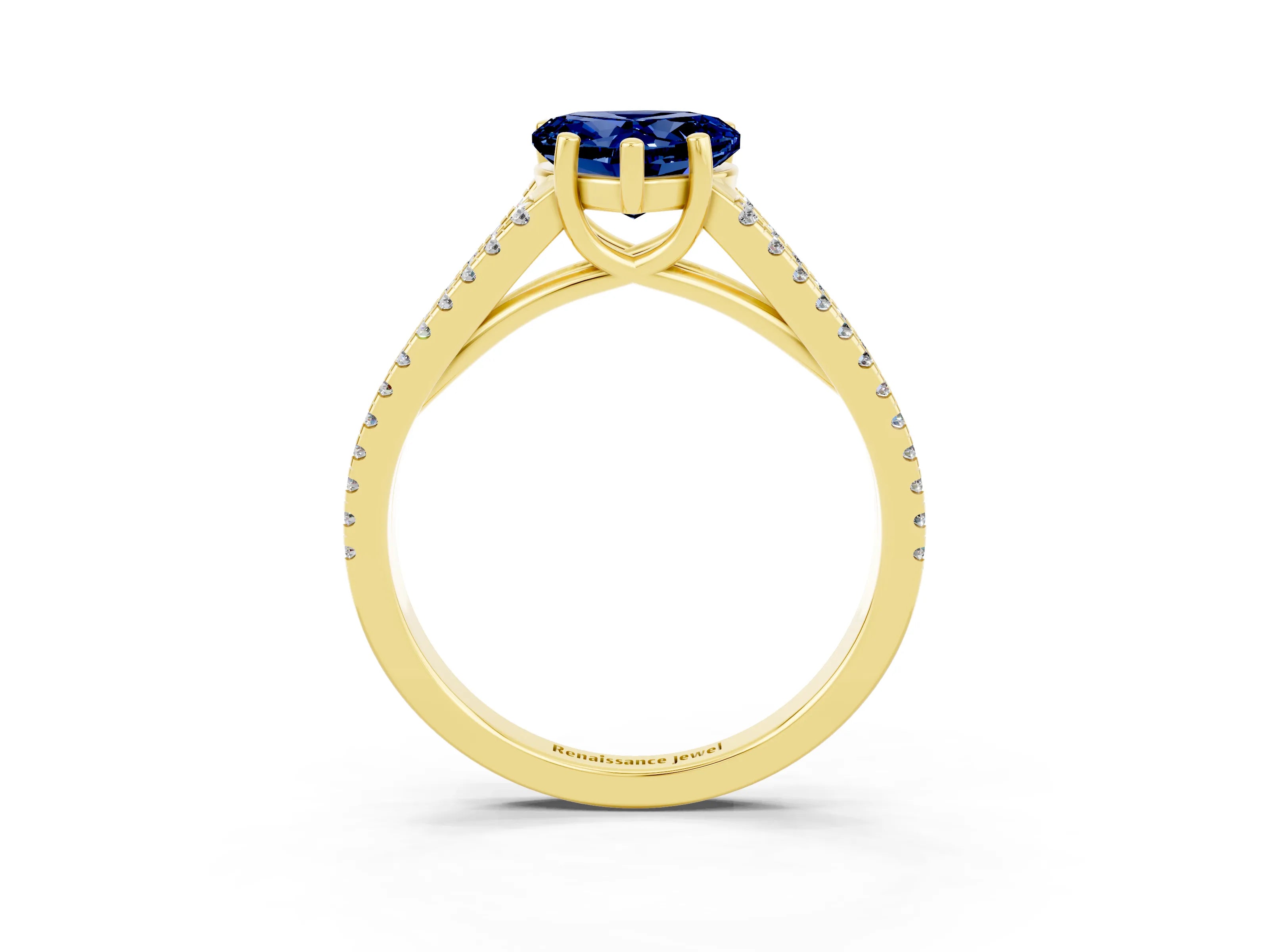 Yellow gold Heart Cut Blue Sapphire Solitaire Engagement Ring with Split Shank Pavé Band_3