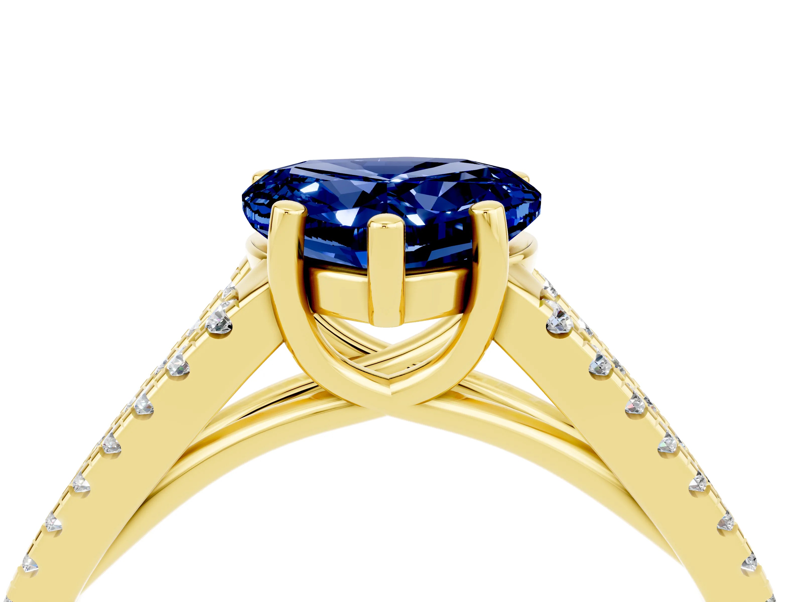 Yellow gold Heart Cut Blue Sapphire Solitaire Engagement Ring with Split Shank Pavé Band_4