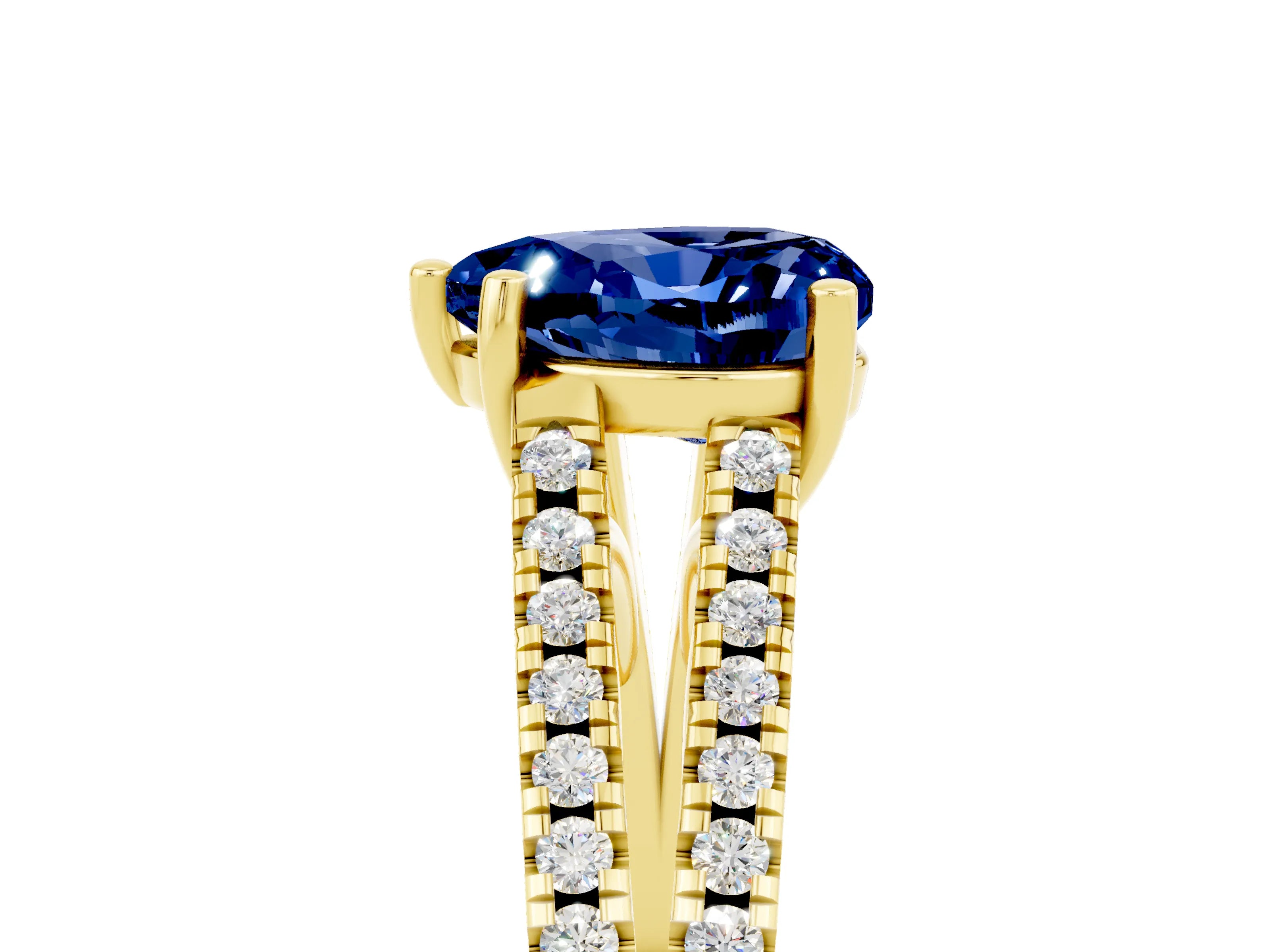 Yellow gold Heart Cut Blue Sapphire Solitaire Engagement Ring with Split Shank Pavé Band_5