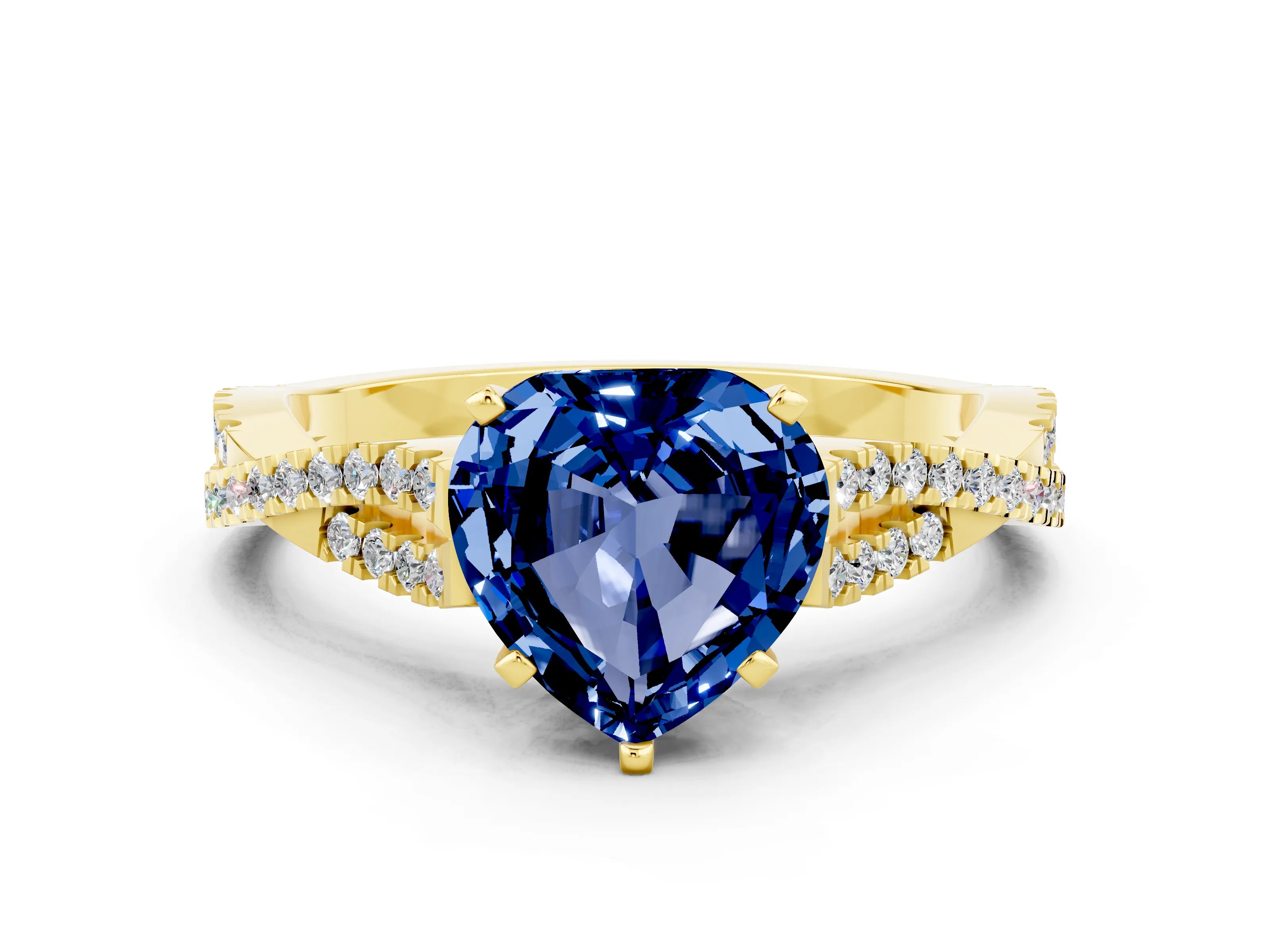 Yellow gold Heart Cut Blue Sapphire Solitaire Engagement Ring with Twisted Pavé Band and Four-Prong Setting_12