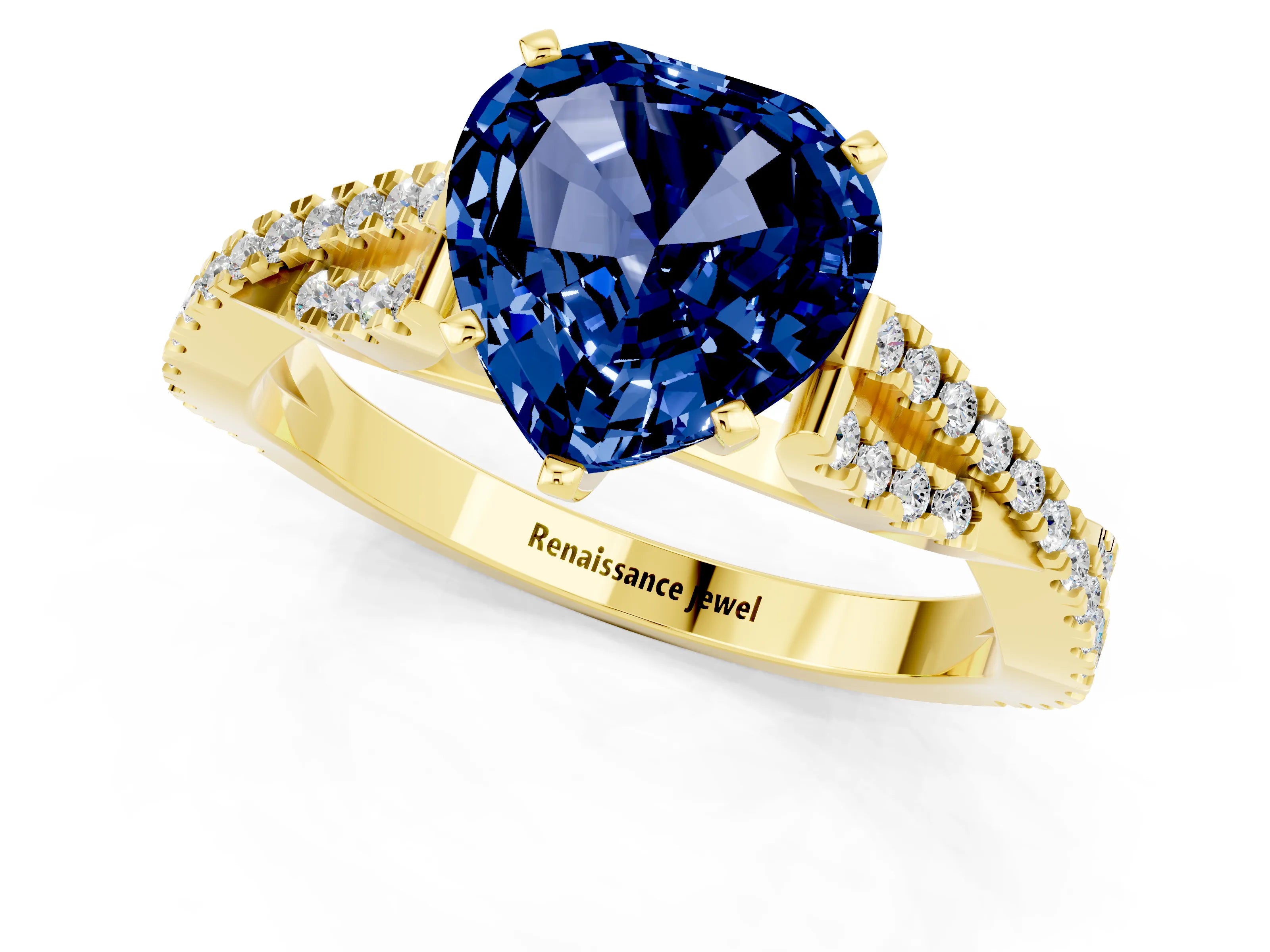 Yellow gold Heart Cut Blue Sapphire Solitaire Engagement Ring with Twisted Pavé Band and Four-Prong Setting_13