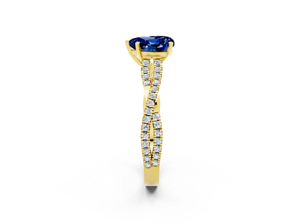 Yellow gold Heart Cut Blue Sapphire Solitaire Engagement Ring with Twisted Pavé Band and Four-Prong Setting