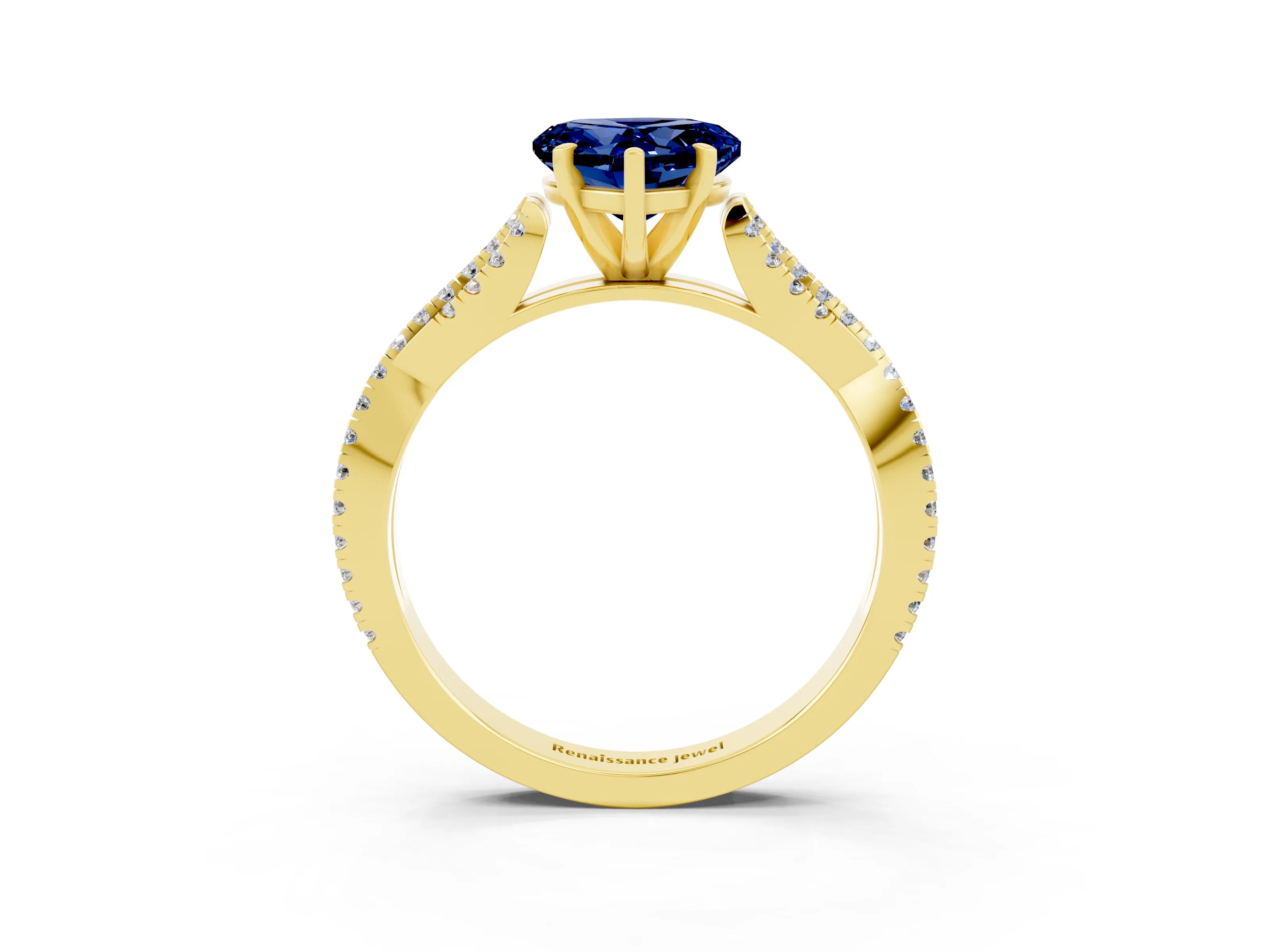Yellow gold Heart Cut Blue Sapphire Solitaire Engagement Ring with Twisted Pavé Band and Four-Prong Setting_15