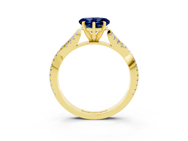 Yellow gold Heart Cut Blue Sapphire Solitaire Engagement Ring with Twisted Pavé Band and Four-Prong Setting