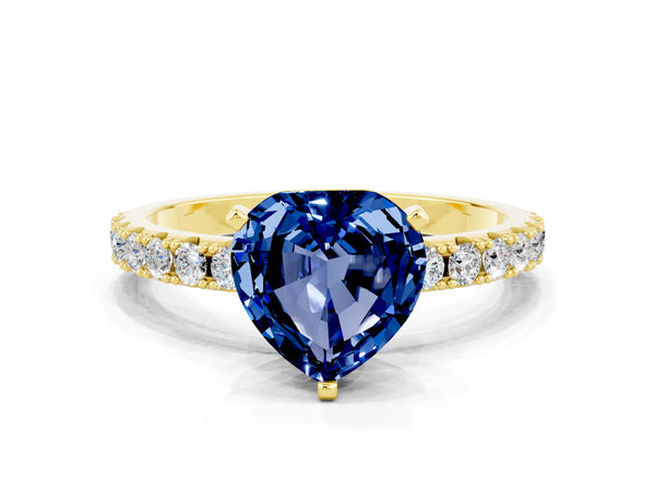 Yellow gold Heart Cut Blue Sapphire Solitaire Pavé Band with Four-Prong Setting