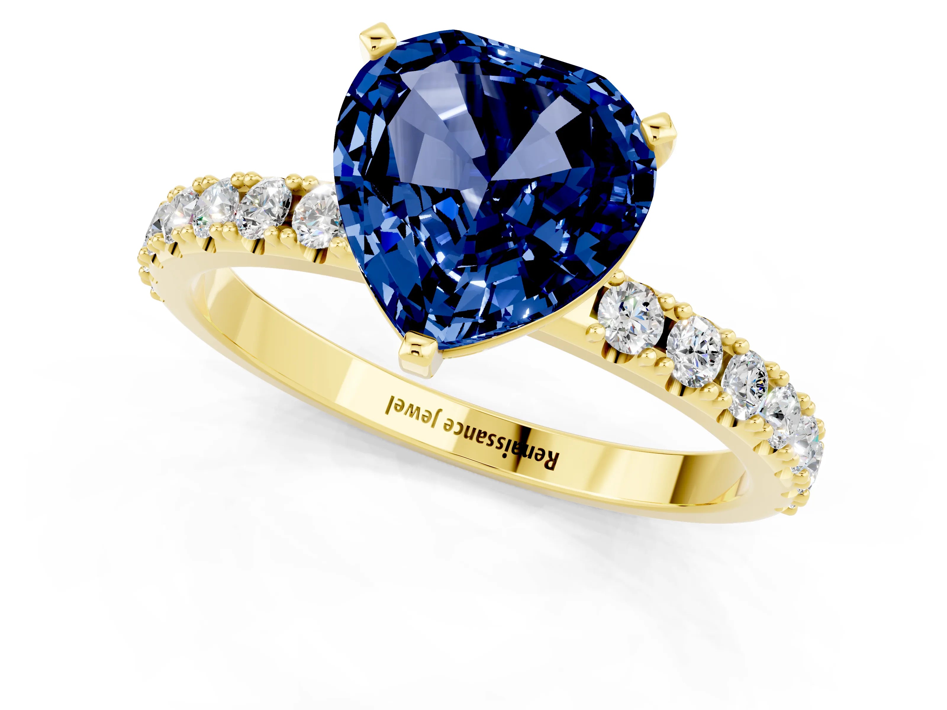 Yellow gold Heart Cut Blue Sapphire Solitaire Pavé Band with Four-Prong Setting_1