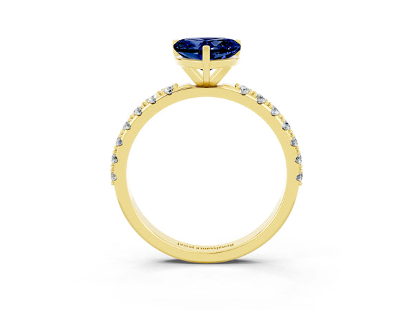 Yellow gold Heart Cut Blue Sapphire Solitaire Pavé Band with Four-Prong Setting