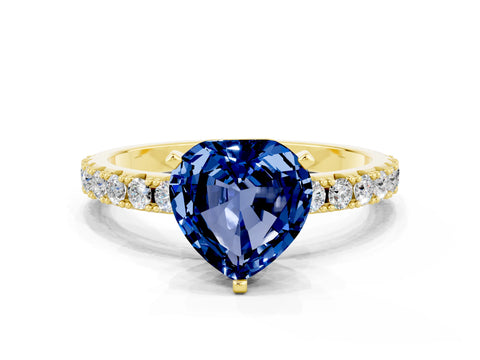 Yellow gold Heart Cut Blue Sapphire Solitaire Pavé Band with Four-Prong Setting