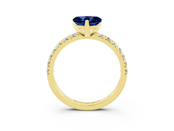 Yellow gold Heart Cut Blue Sapphire Solitaire Pavé Engagement Ring with Round Band and Prong Setting