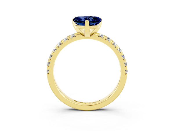 Yellow gold Heart Cut Blue Sapphire Solitaire Pavé Engagement Ring with Round Band and Prong Setting