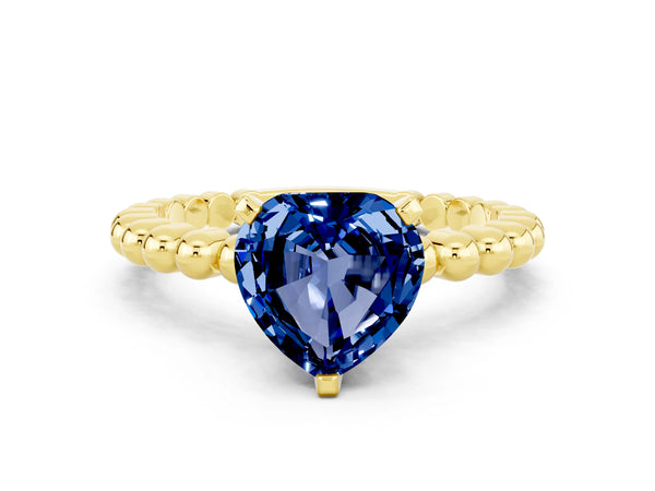 Yellow gold Heart Cut Blue Sapphire Solitaire Ring with Beaded Band and Prong Setting