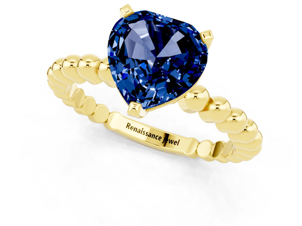 Yellow gold Heart Cut Blue Sapphire Solitaire Ring with Beaded Band and Prong Setting