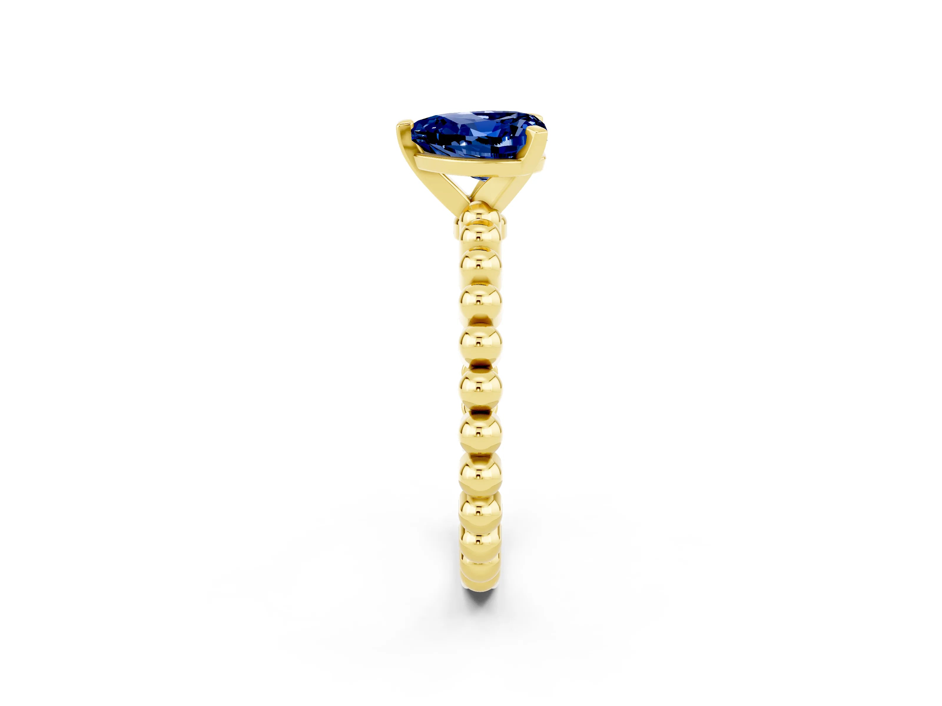 Yellow gold Heart Cut Blue Sapphire Solitaire Ring with Beaded Band and Prong Setting_2