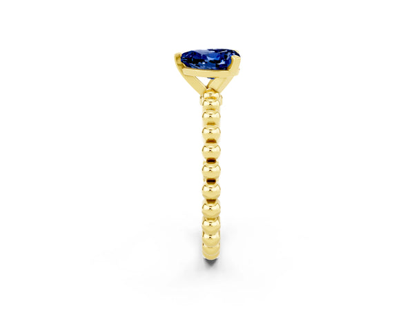 Yellow gold Heart Cut Blue Sapphire Solitaire Ring with Beaded Band and Prong Setting