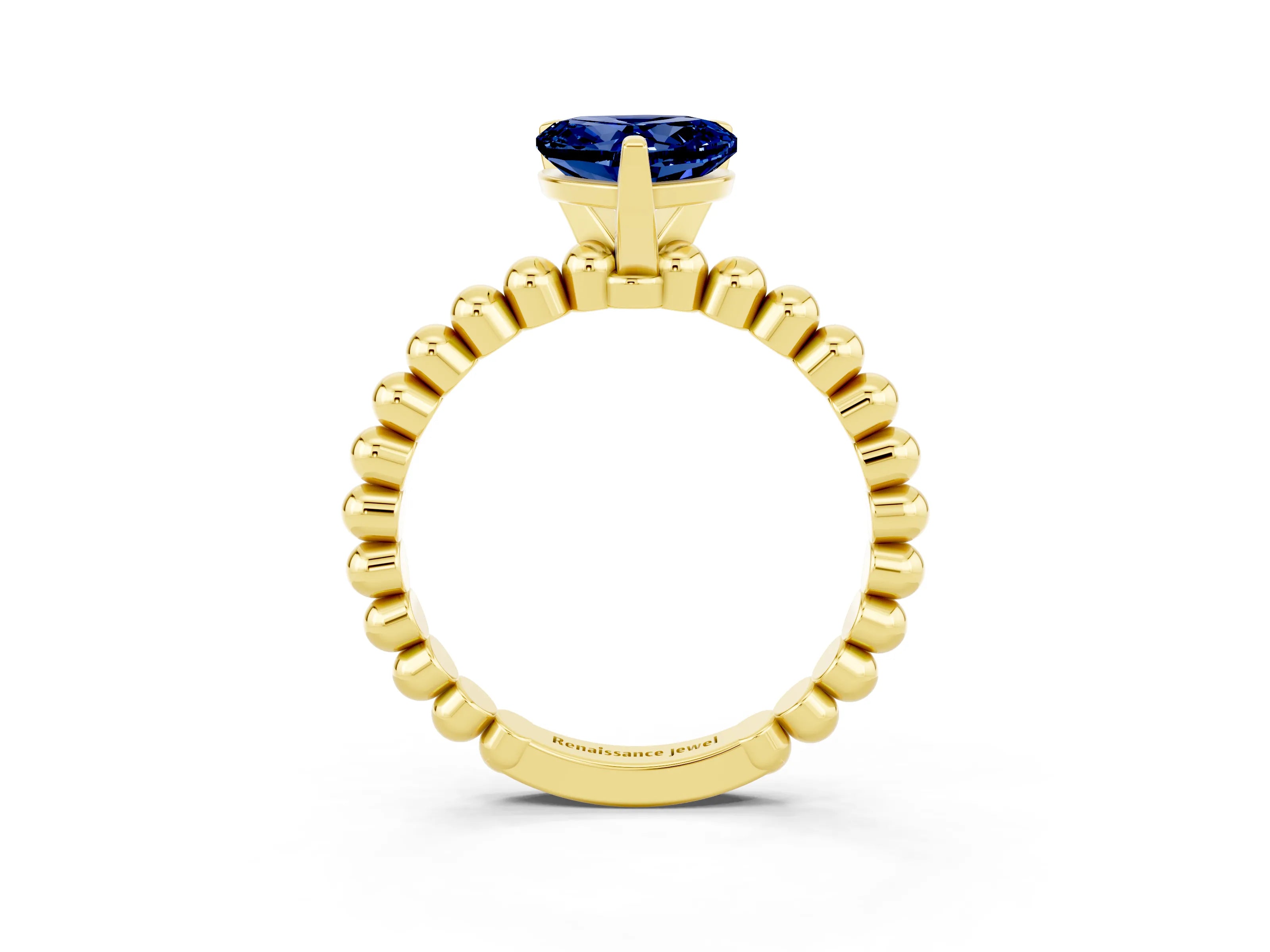 Yellow gold Heart Cut Blue Sapphire Solitaire Ring with Beaded Band and Prong Setting_3