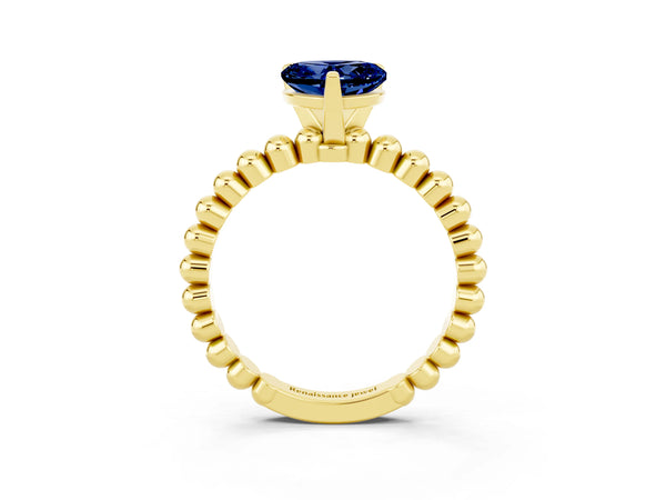 Yellow gold Heart Cut Blue Sapphire Solitaire Ring with Beaded Band and Prong Setting