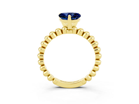 Yellow gold Heart Cut Blue Sapphire Solitaire Ring with Beaded Band and Prong Setting_3