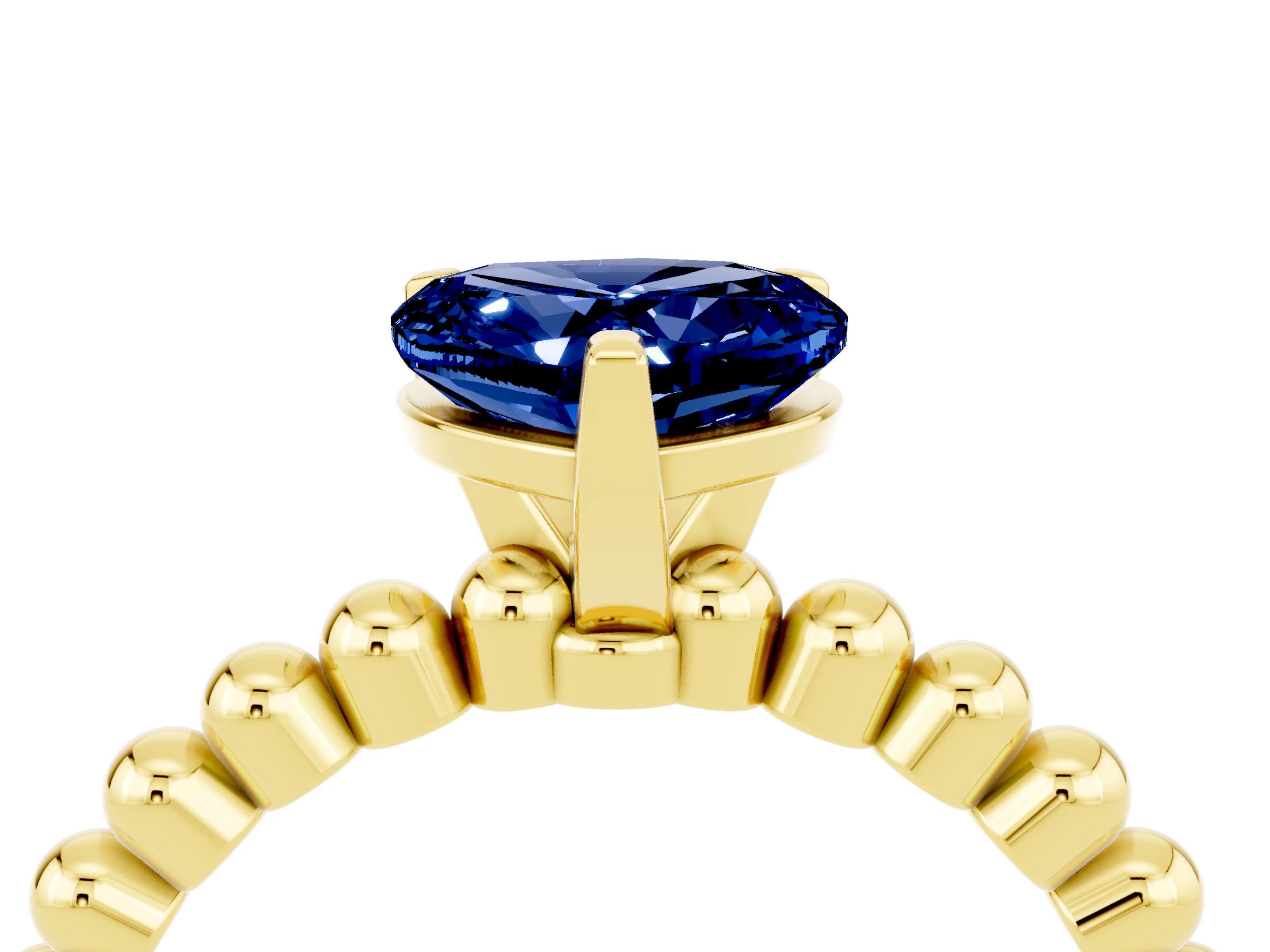 Yellow gold Heart Cut Blue Sapphire Solitaire Ring with Beaded Band and Prong Setting_4