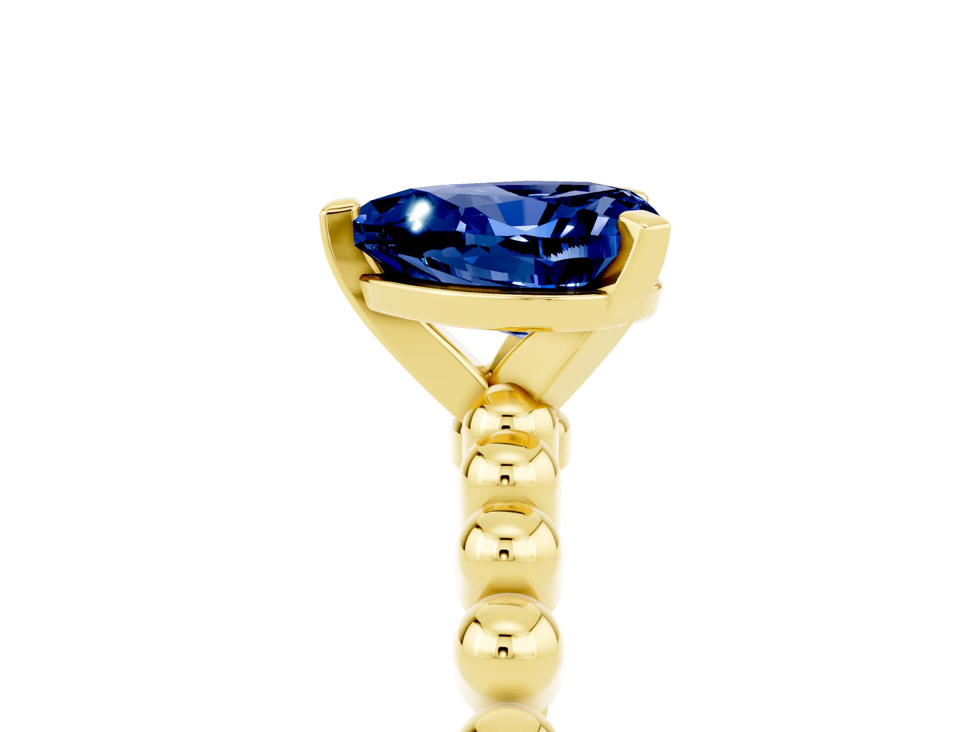 Yellow gold Heart Cut Blue Sapphire Solitaire Ring with Beaded Band and Prong Setting_5