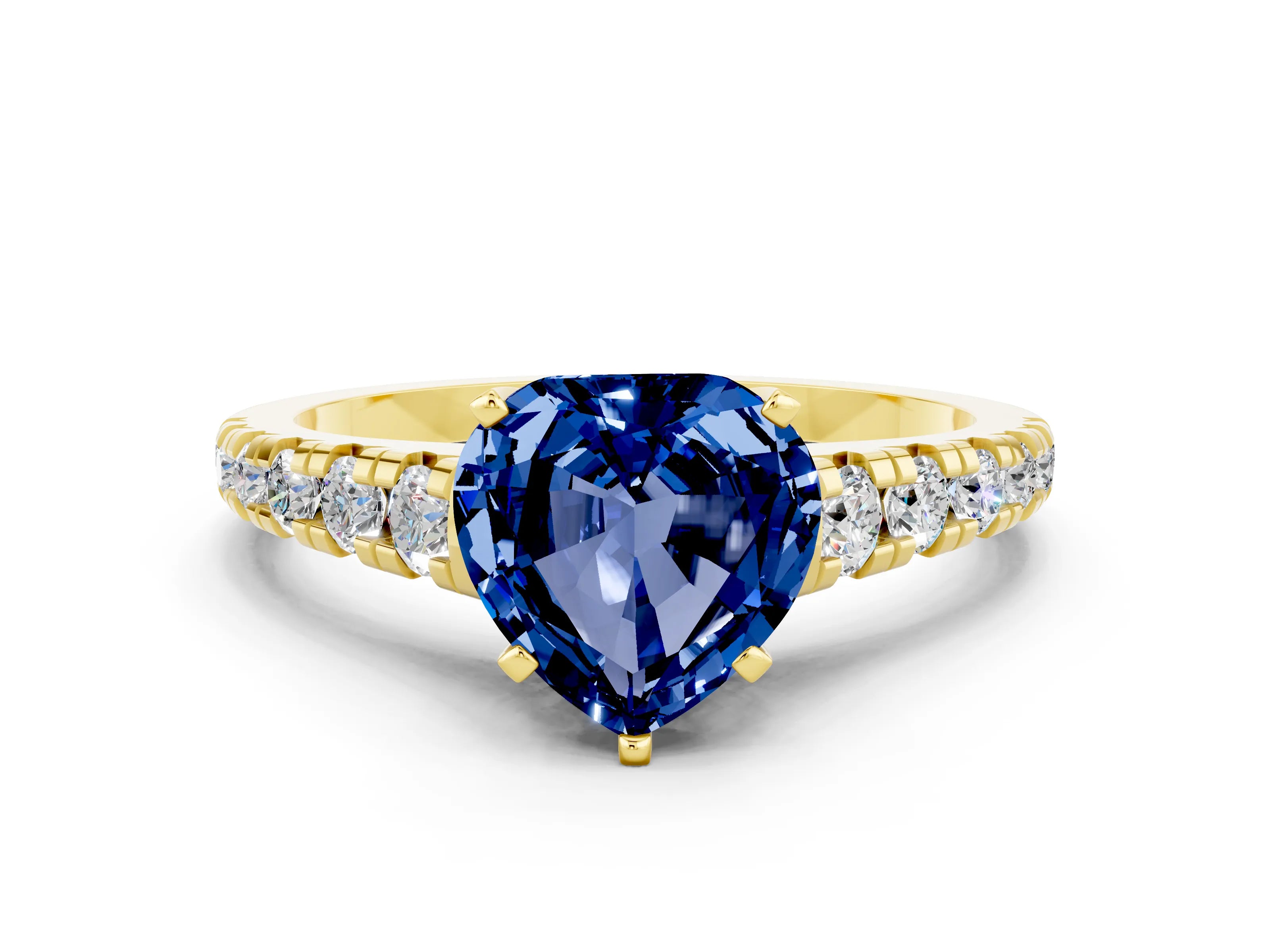 Yellow gold Heart Cut Blue Sapphire Solitaire Ring with Cathedral Setting and Pavé Band