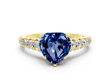 Yellow gold Heart Cut Blue Sapphire Solitaire Ring with Cathedral Setting and Pavé Band
