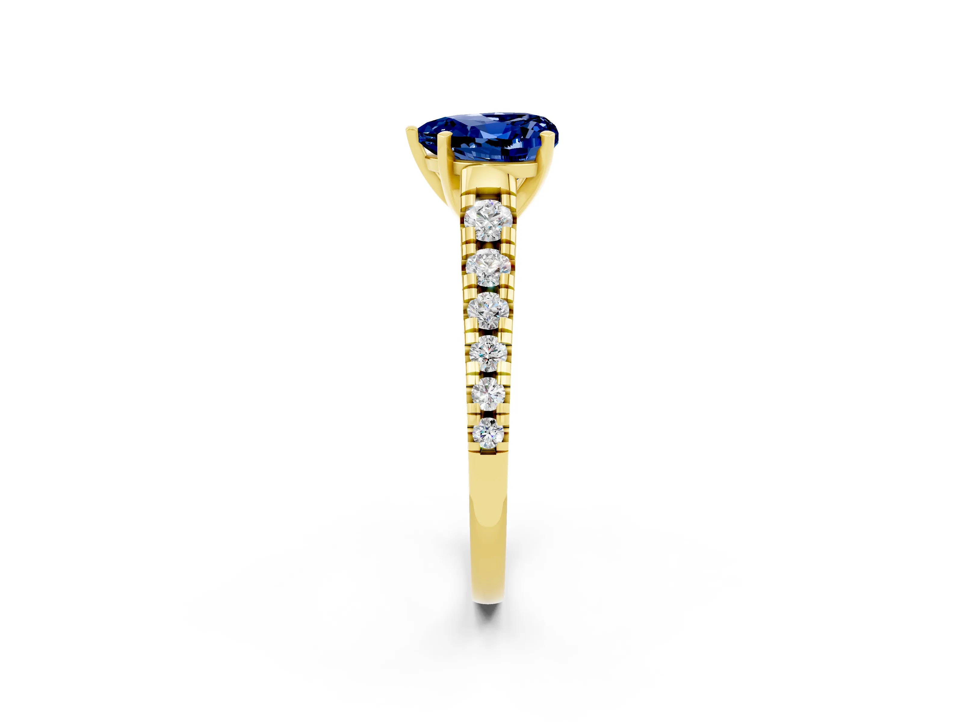Yellow gold Heart Cut Blue Sapphire Solitaire Ring with Cathedral Setting and Pavé Band_2
