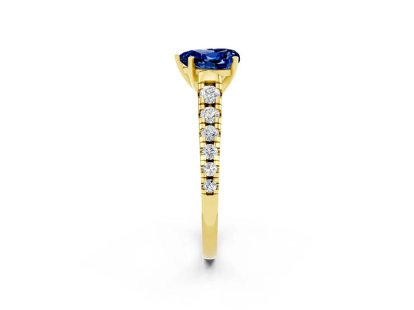 Yellow gold Heart Cut Blue Sapphire Cathedral Solitaire Ring with Round  Pavé Band