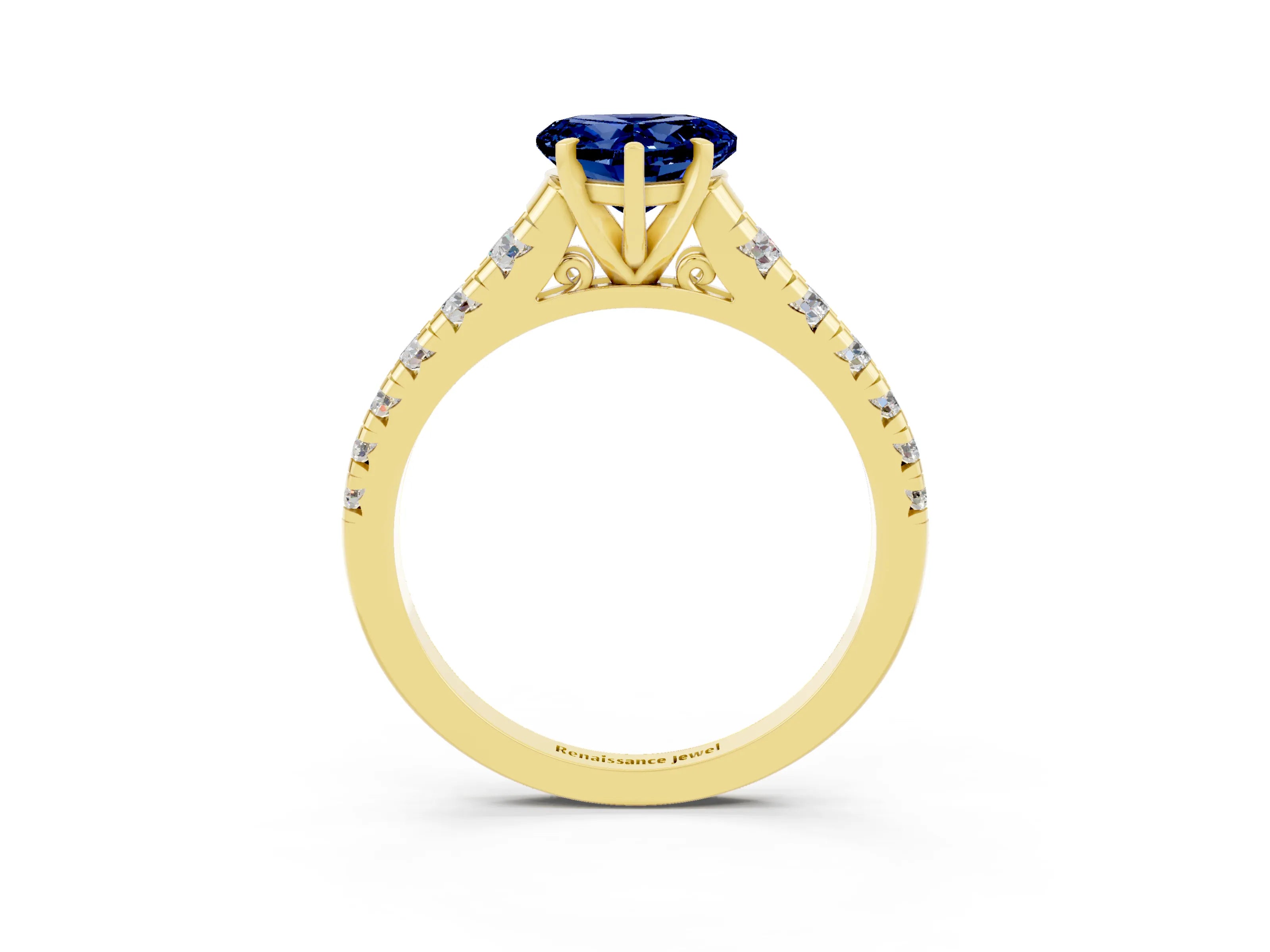 Yellow gold Heart Cut Blue Sapphire Solitaire Ring with Cathedral Setting and Pavé Band_3