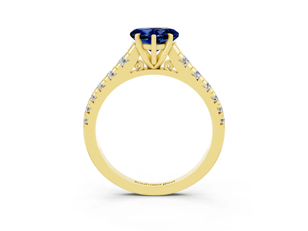 Yellow gold Heart Cut Blue Sapphire Cathedral Solitaire Ring with Round  Pavé Band