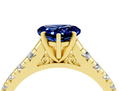 Yellow gold Heart Cut Blue Sapphire Solitaire Ring with Cathedral Setting and Pavé Band_4
