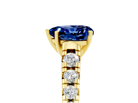 Yellow gold Heart Cut Blue Sapphire Solitaire Ring with Cathedral Setting and Pavé Band_5