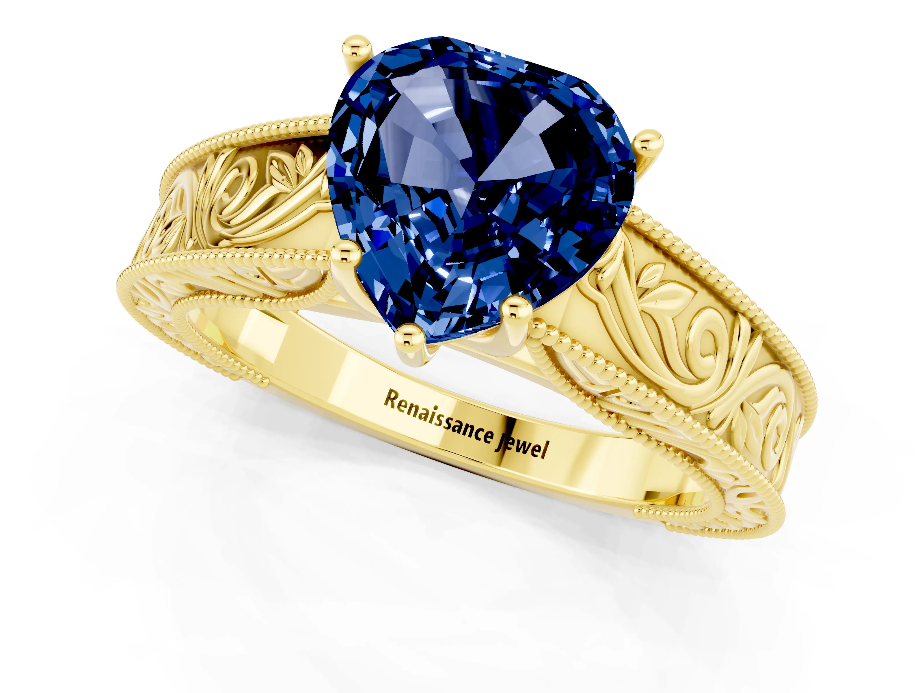 Yellow gold Heart Cut Blue Sapphire Solitaire Ring with Engraved Band and Four-Prong Setting_1