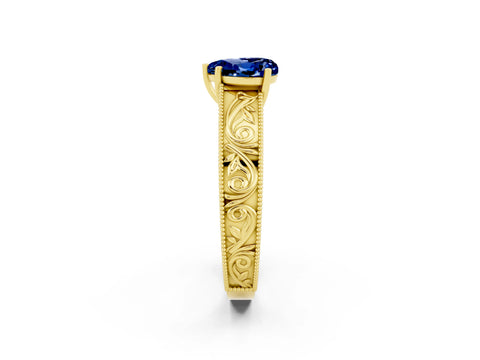 Yellow gold Heart Cut Blue Sapphire Solitaire Ring with Engraved Band and Four-Prong Setting_2