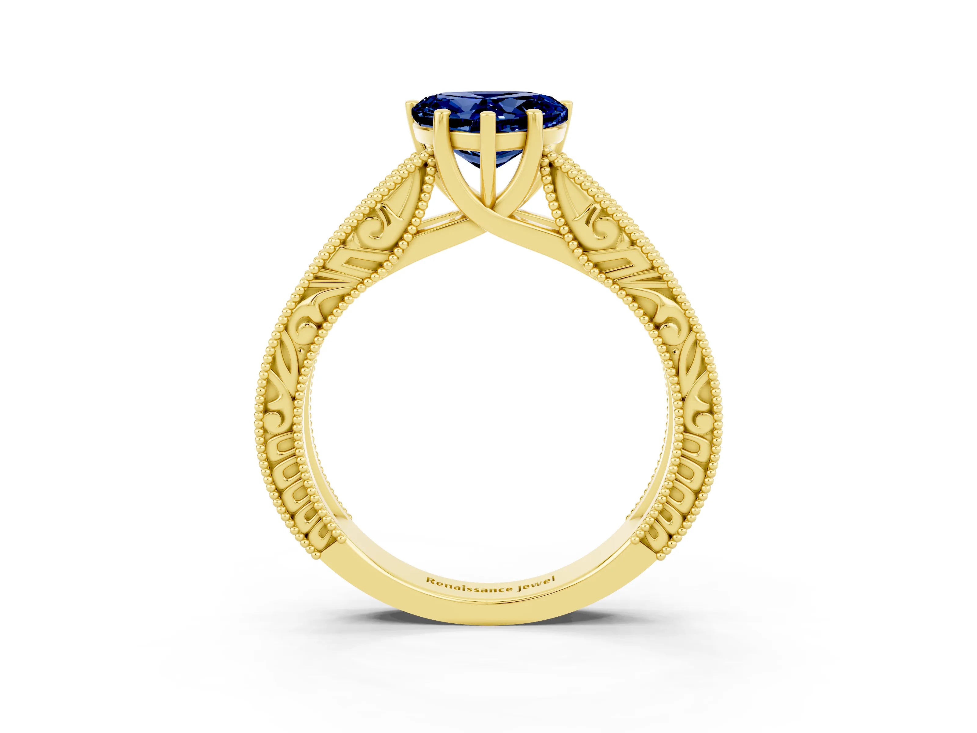Yellow gold Heart Cut Blue Sapphire Solitaire Ring with Engraved Band and Four-Prong Setting_3