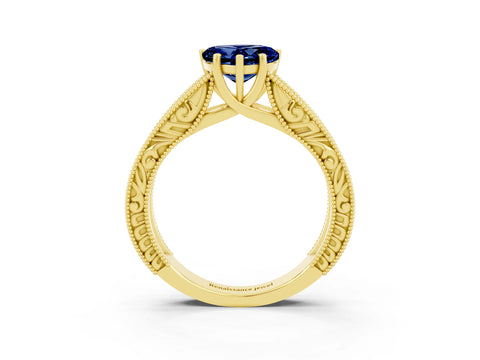 Yellow gold Heart Cut Blue Sapphire Solitaire Ring with Engraved Band and Four-Prong Setting_3
