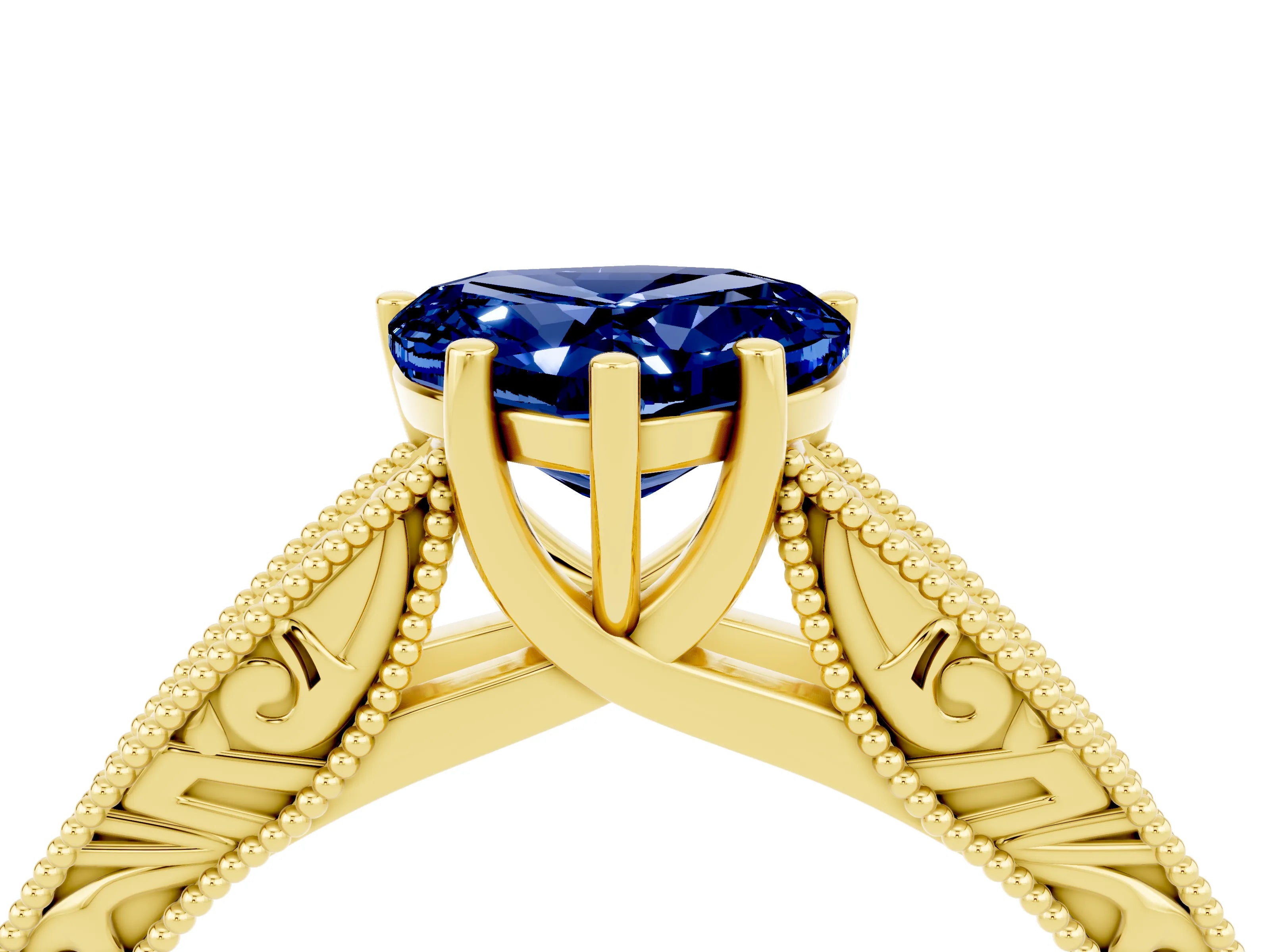Yellow gold Heart Cut Blue Sapphire Solitaire Ring with Engraved Band and Four-Prong Setting_4