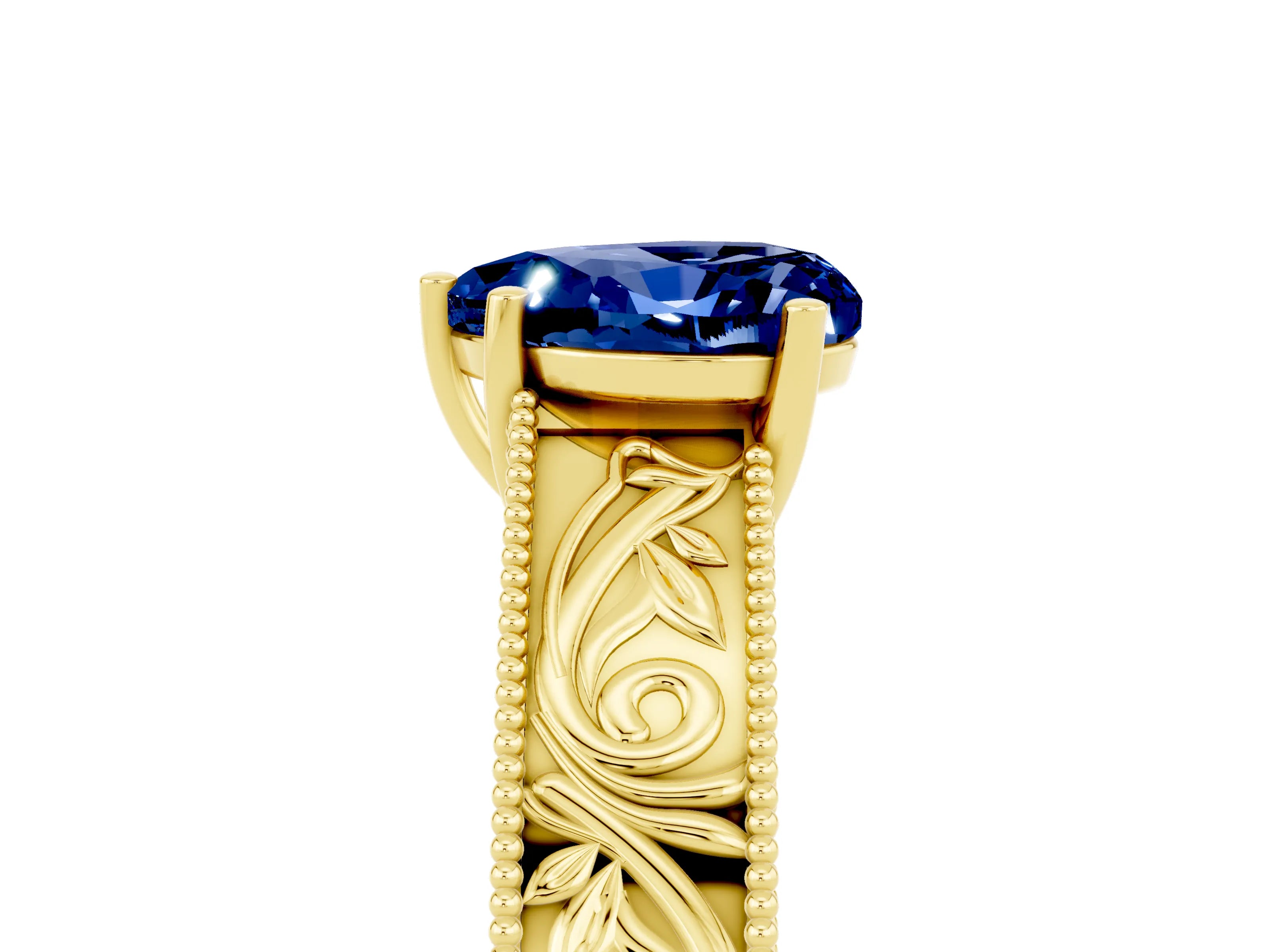 Yellow gold Heart Cut Blue Sapphire Solitaire Ring with Engraved Band and Four-Prong Setting_5