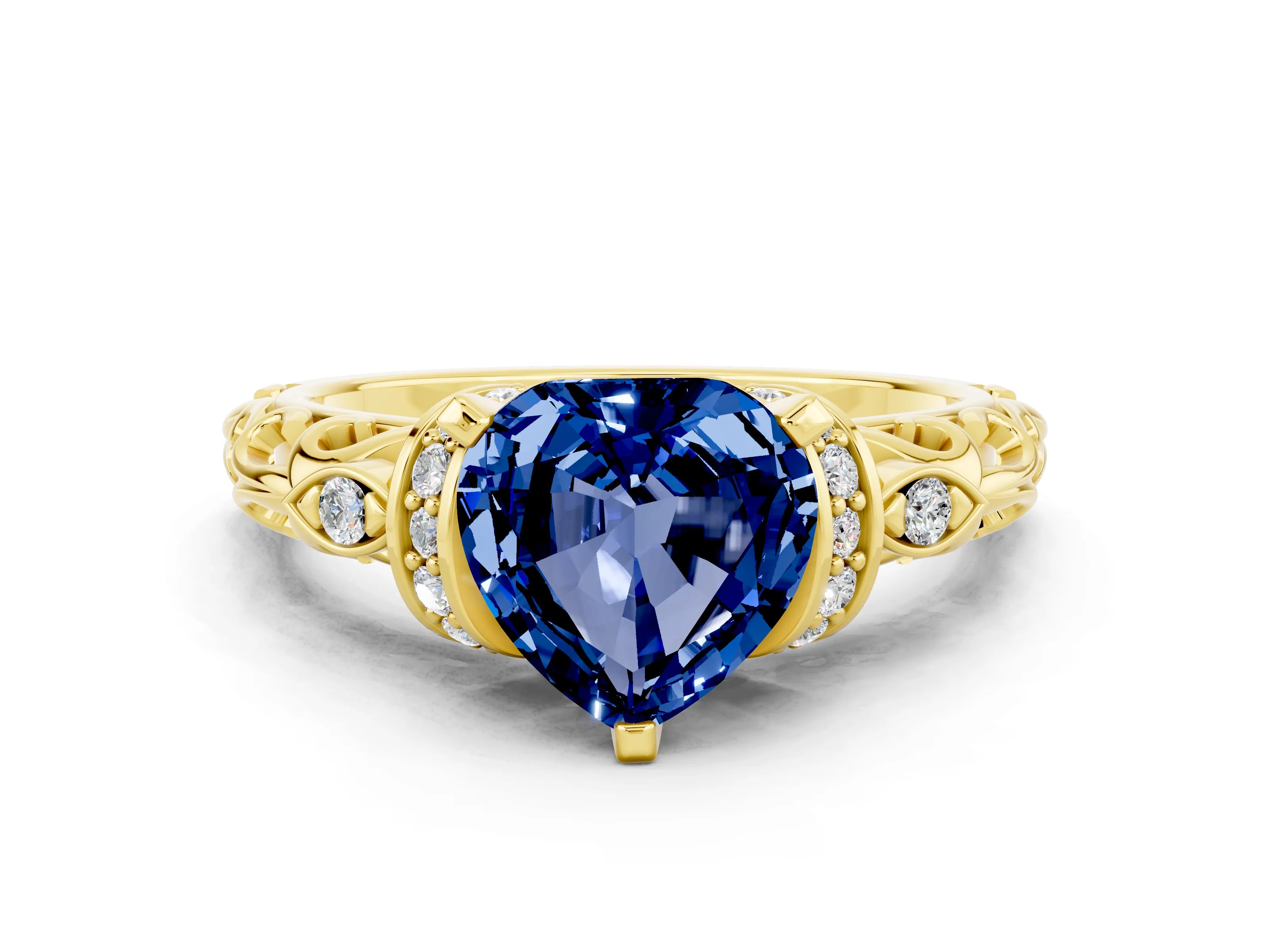 Yellow gold Heart Cut Blue Sapphire Solitaire Ring with Filigree Band and Four-Prong Setting_24