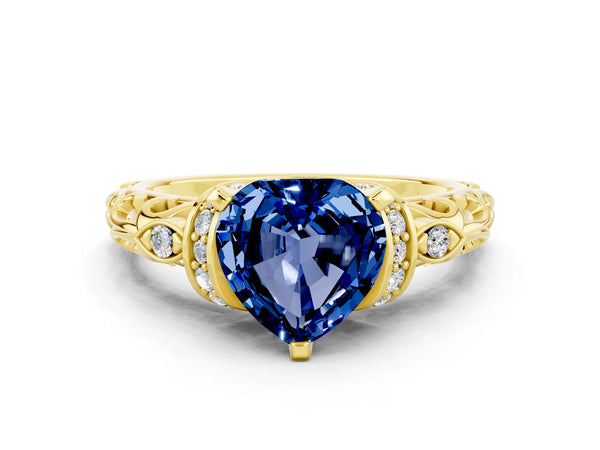 Yellow gold Heart Cut Blue Sapphire Solitaire Ring with Filigree Band and Four-Prong Setting