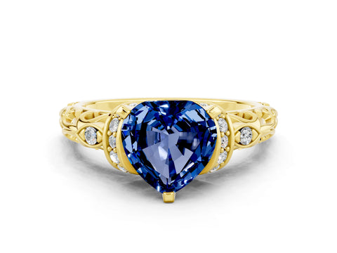 Yellow gold Heart Cut Blue Sapphire Solitaire Ring with Filigree Band and Four-Prong Setting_24